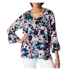 J.Jill Floral Bell-Sleeve Blouse – Petite Medium – Pink & Teal Print